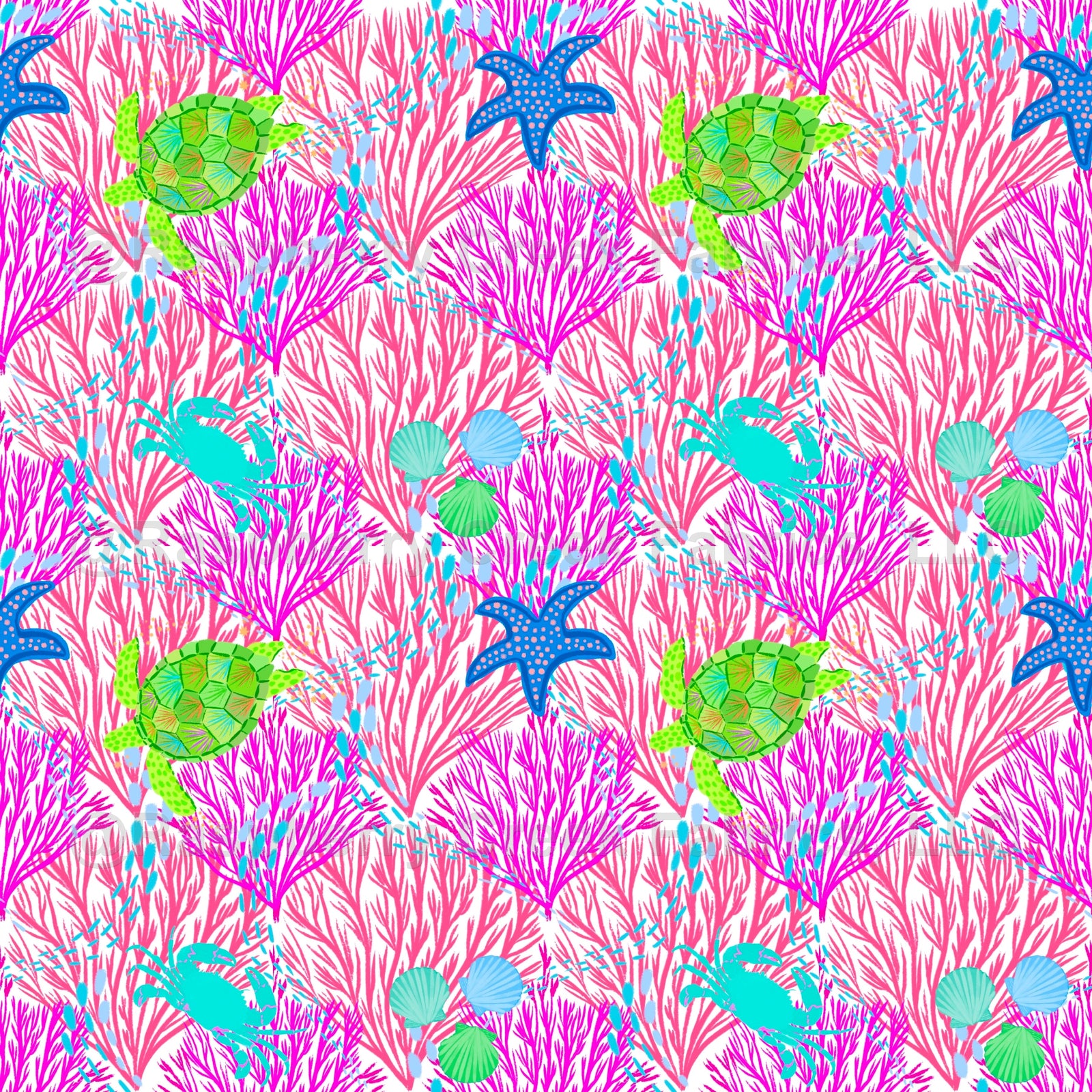 pink, girls, swim, coral, blue, starfish, women, crab, starfish, shells, beach, sea, ocean, summer, bright, turtle, kids, safe swim Fabric, Raspberry Creek Fabrics, watermarked