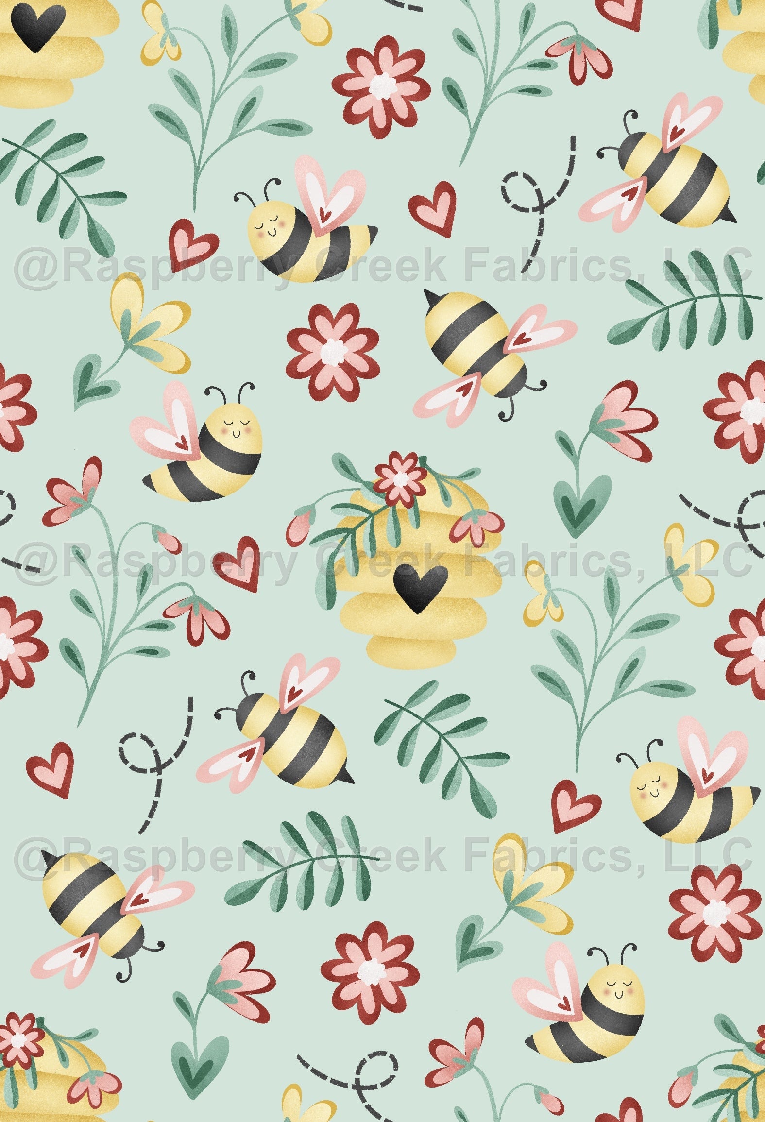 Bee Mine Mint Fabric, Raspberry Creek Fabrics, watermarked