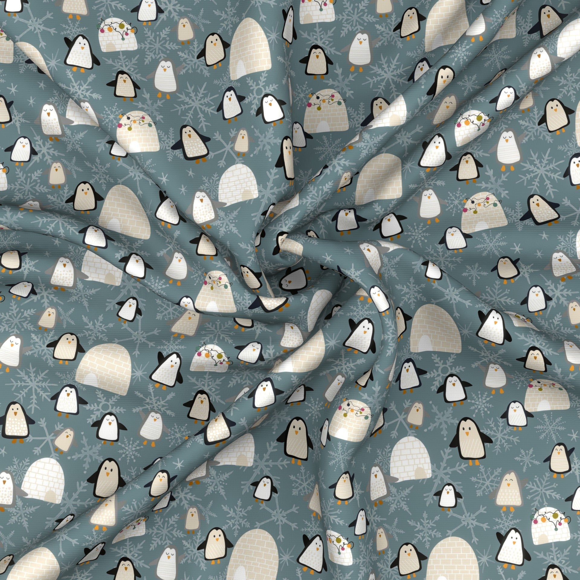 Dusty Blue Grey Cream and Black Penguin Igloo Snowflake Print, Jewel Tone by Brittney Laidlaw Fabric, Raspberry Creek Fabrics