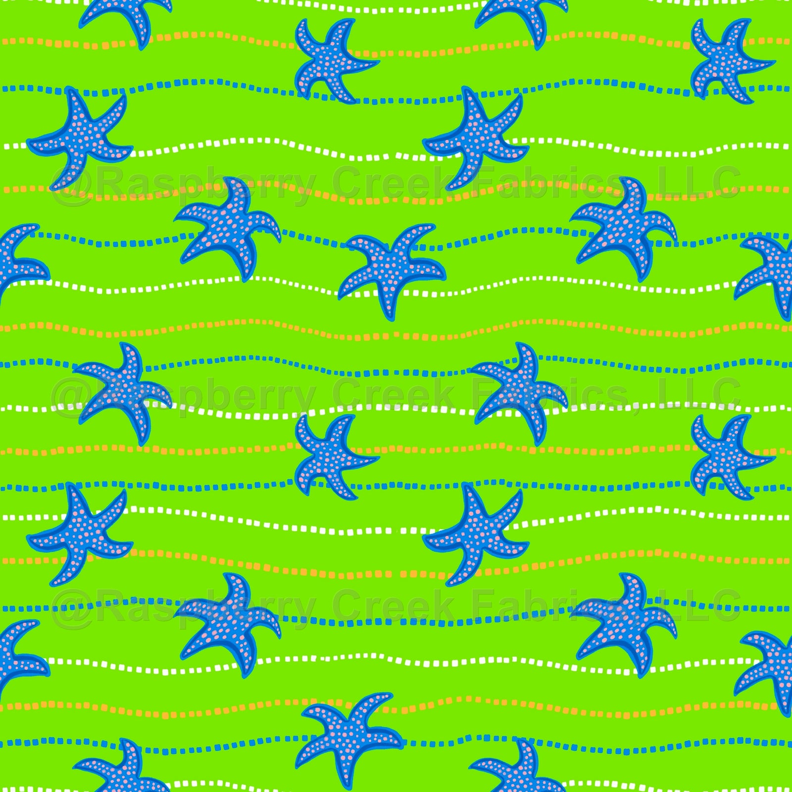 neon green, safe swim, swim, ocean, summer, bright, stripe, movement, dots, Florida, swimwear, blue, orange, boys, girls, wavy, starfish, sea Fabric, Raspberry Creek Fabrics, watermarked