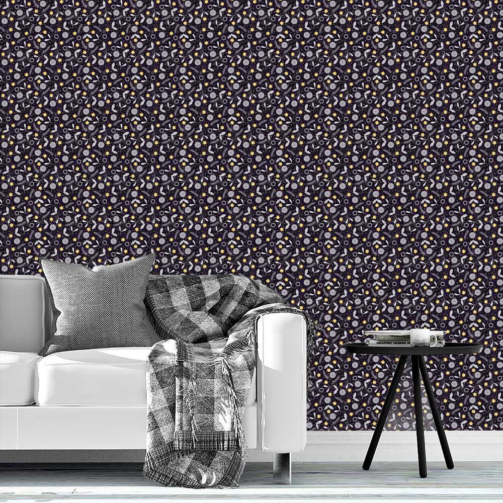Festive Christmas print orange golden stars mistletoe holly and pine tree branch on dark blue by denesannadesign Wallpaper, Raspberry Creek Fabrics, watermarked