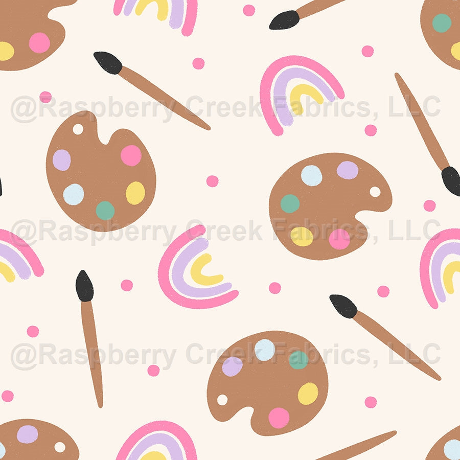 Paint Brushes and Rainbows Fabric, Raspberry Creek Fabrics, watermarked