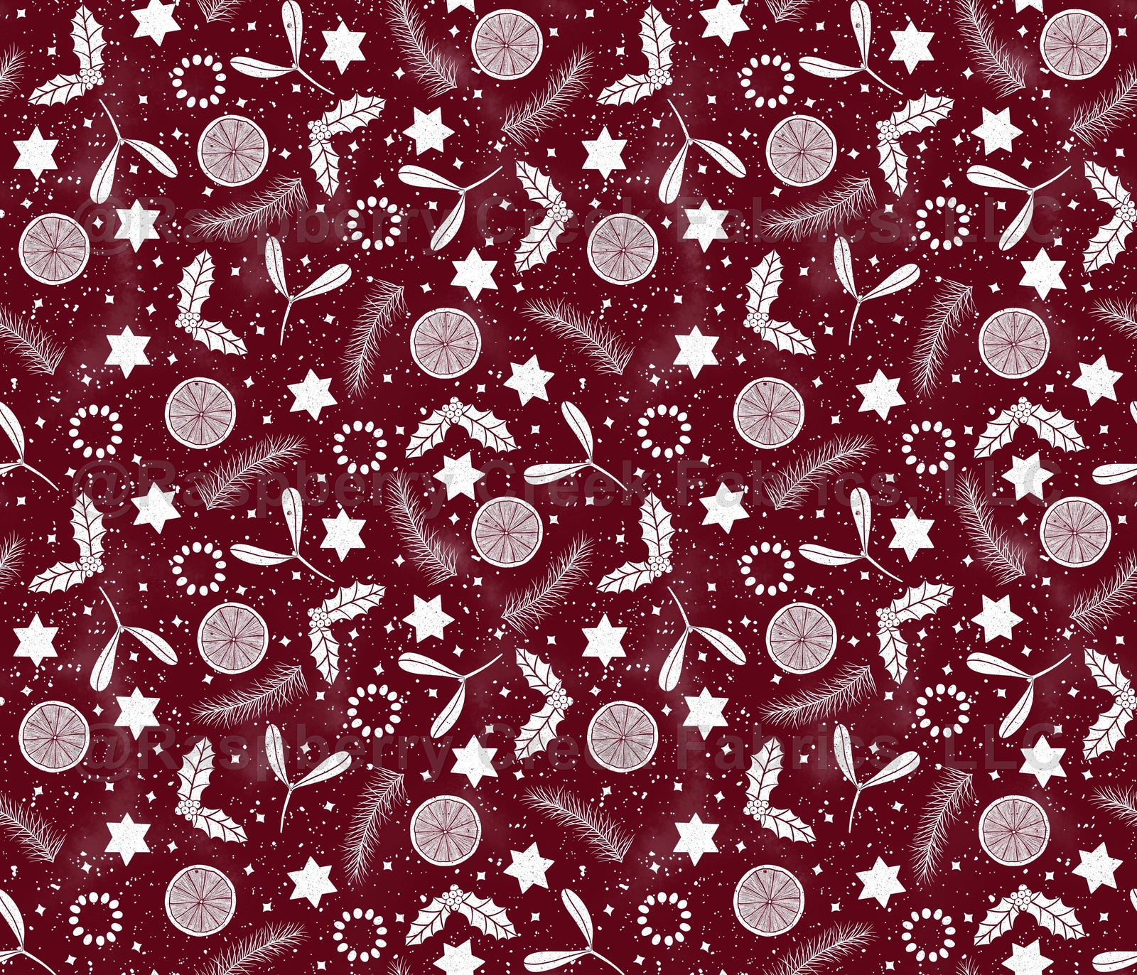 Festive Christmas print orange stars mistletoe holly and pine tree branch on burgundy red by denesannadesign