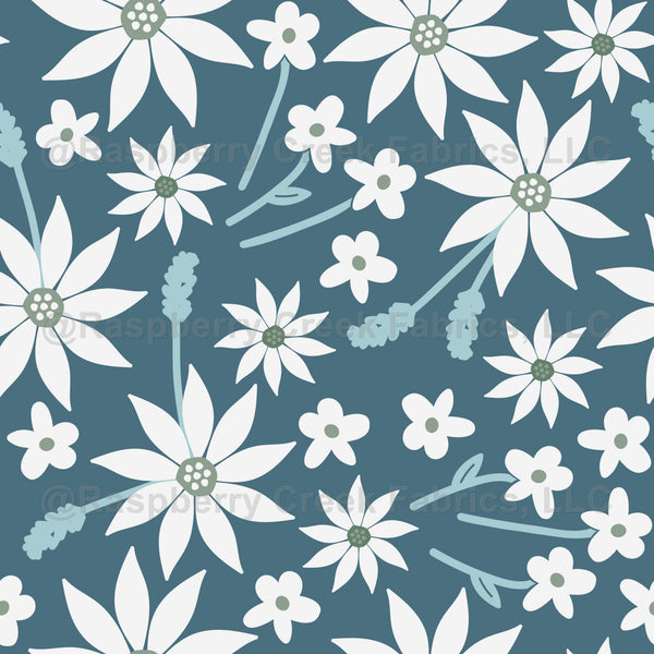 the flower farm on blue - Raspberry Creek Fabrics