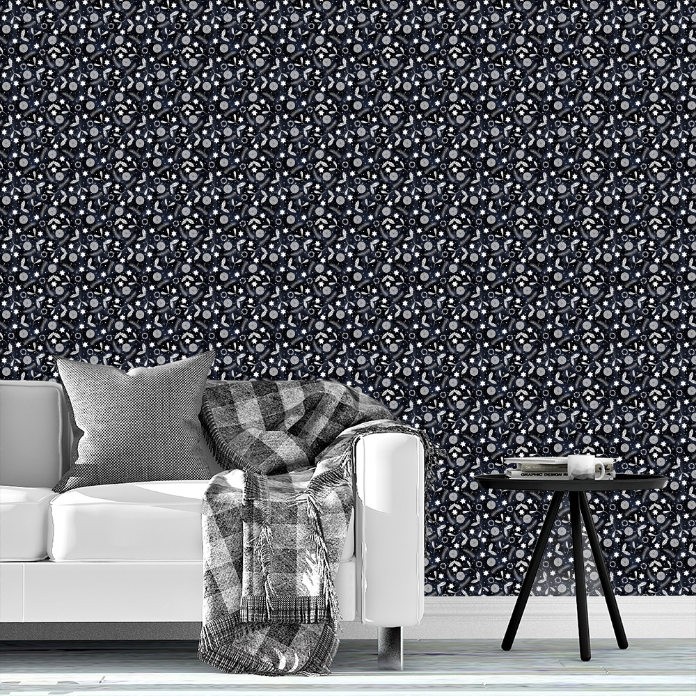 Festive Christmas print orange stars mistletoe holly and pine tree branch on dark blue by denesannadesign Wallpaper, Raspberry Creek Fabrics, watermarked