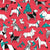 Origami Christmas doggie friends // red background black and white dog breeds with turquoise green Santa hats stars Holiday socks trees and mountains Image