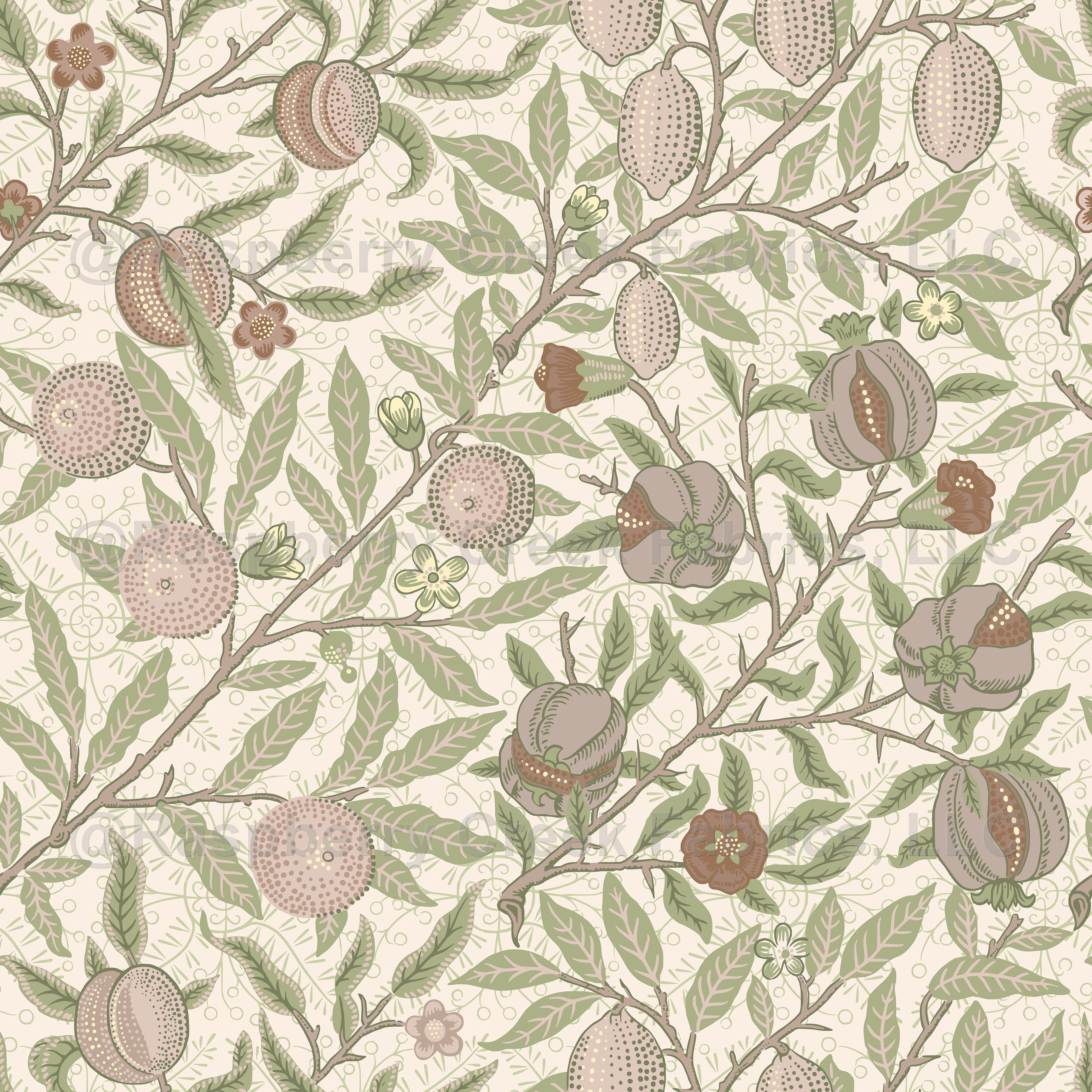 Fruit / Pomegranate Pattern By William Morris- cream and blush Wallpaper, Raspberry Creek Fabrics, watermarked
