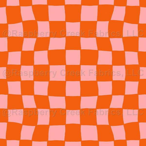 Hand Drawn Checkerboard Pattern (pink/orange) Fabric, Raspberry