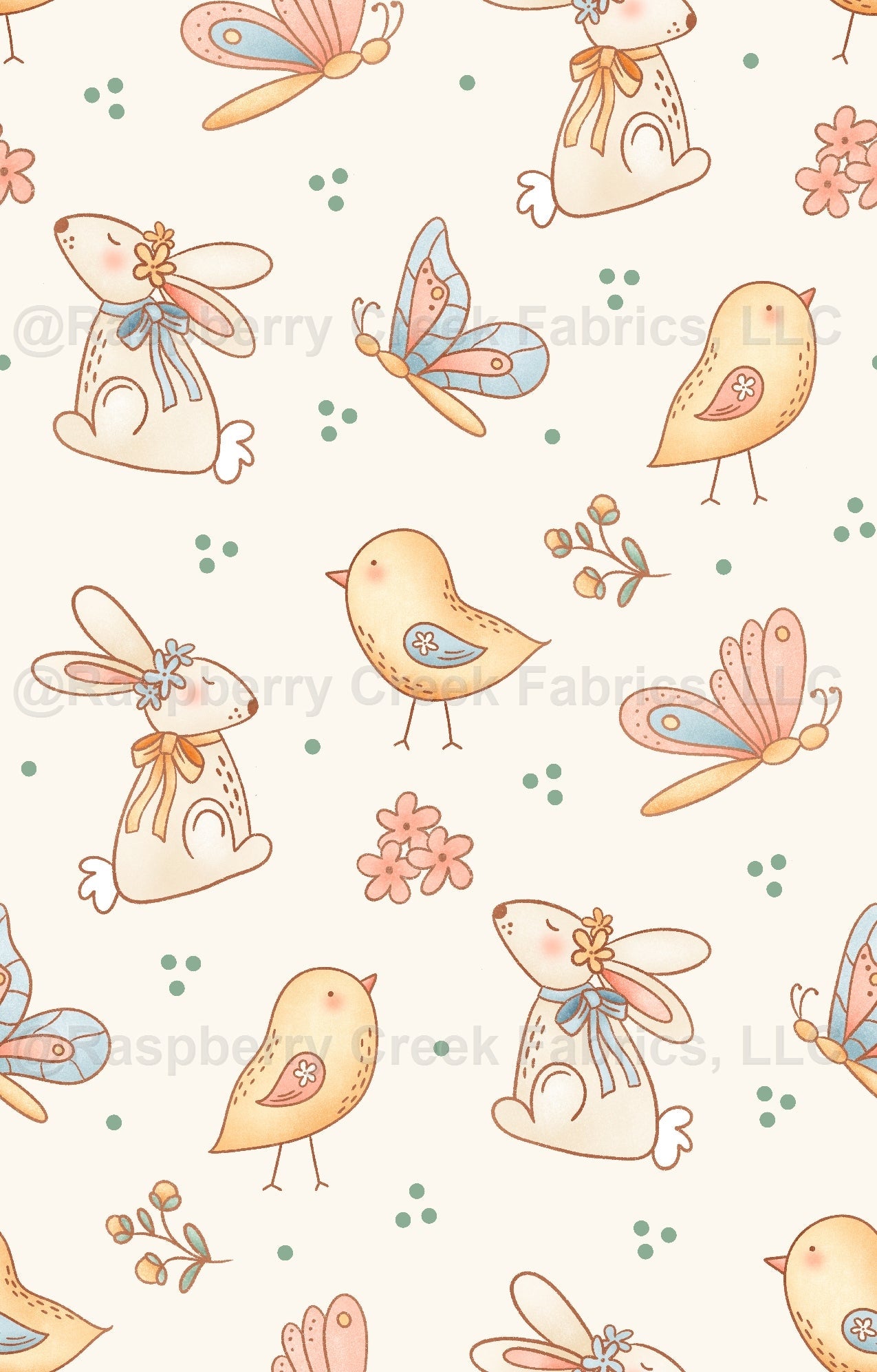 Cottontail Friends Fabric, Raspberry Creek Fabrics, watermarked