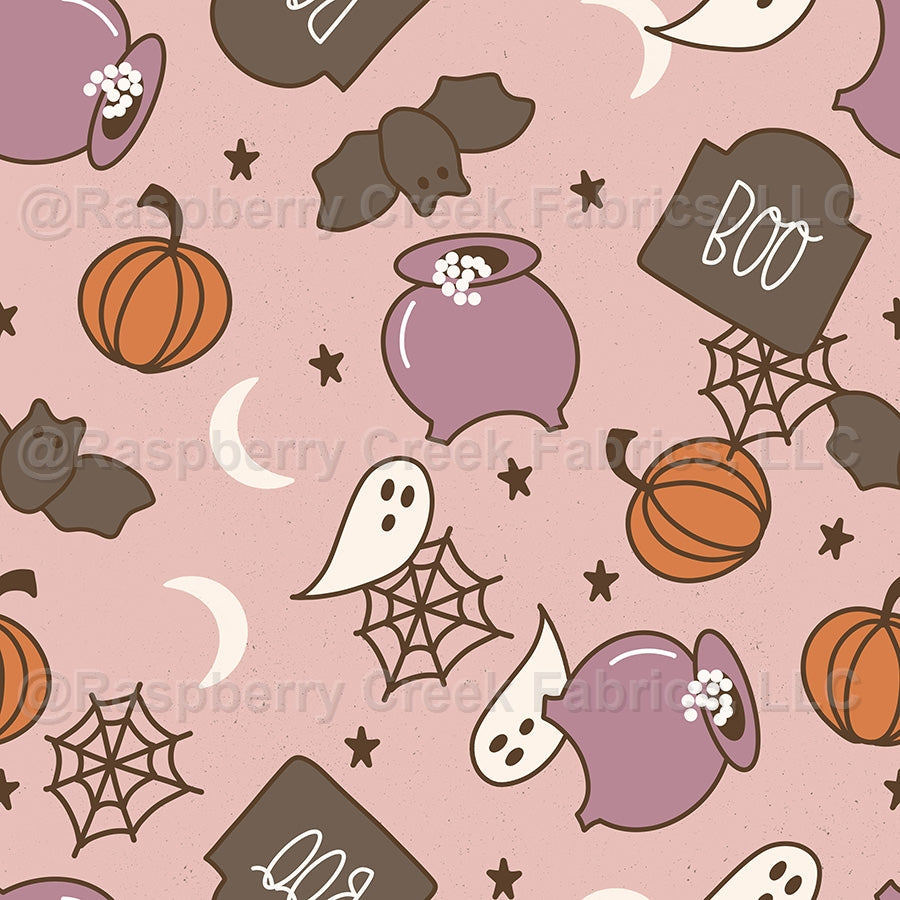 Halloween on Peach _ Boho Halloween Fabric, Raspberry Creek Fabrics, watermarked