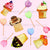 Food Collection: Pastel heart lollipops in orange, pink, purple, red, green, blue and cupcakes in chocolate, vanilla, strawberry with fruit on a pink background. Image