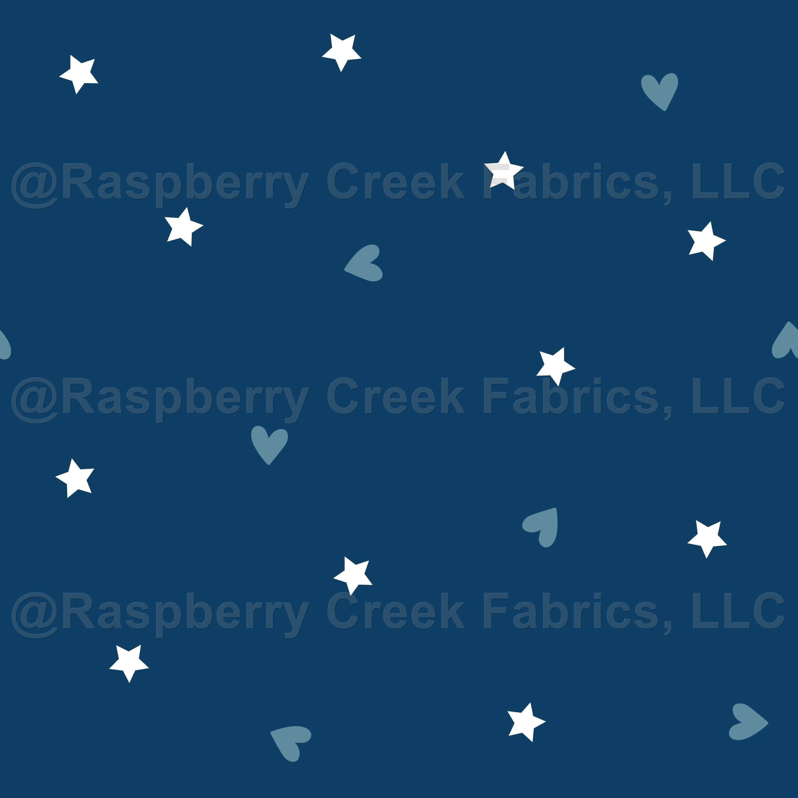 stars and hearts on navy Fabric, Raspberry Creek Fabrics, watermarked