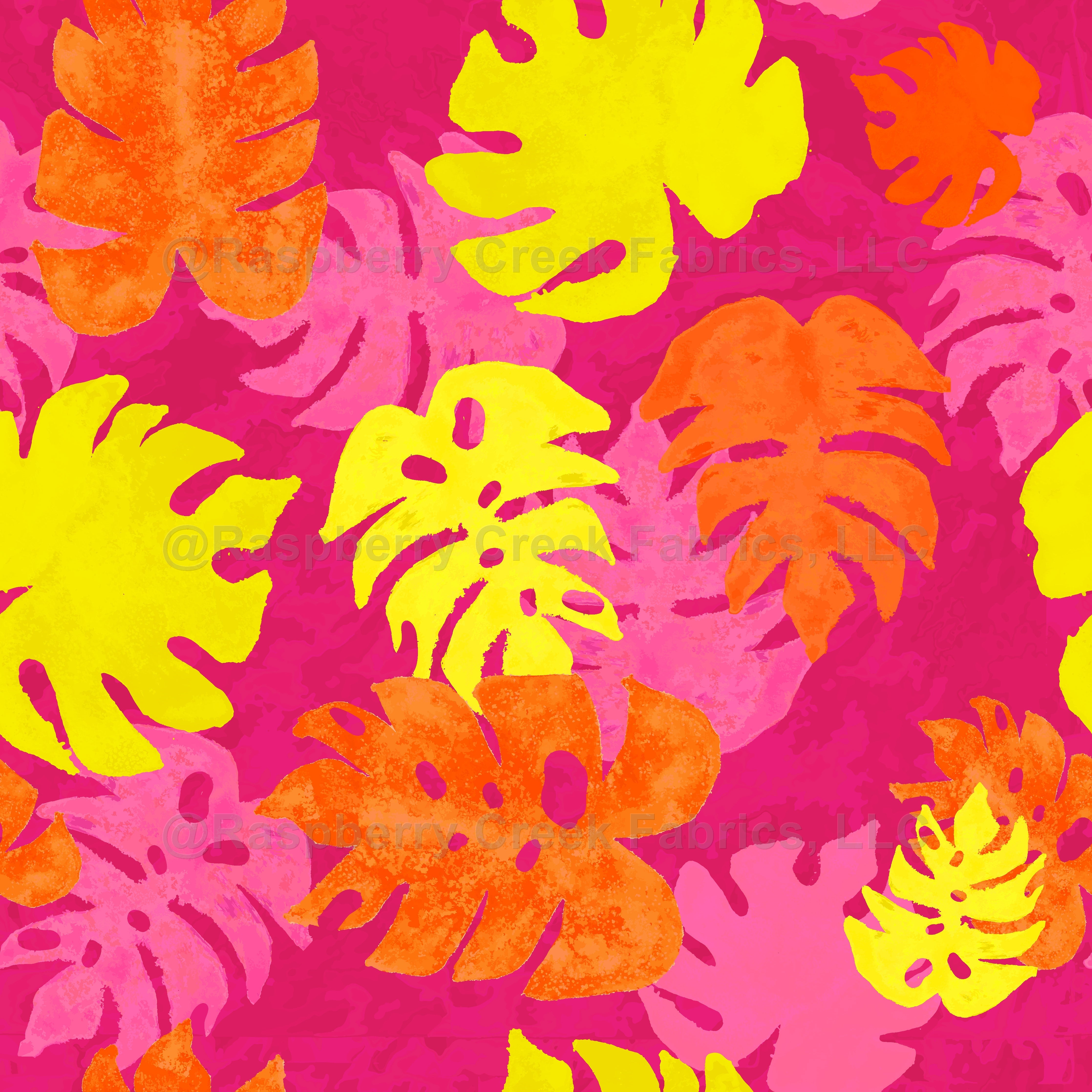 Ultra-Bright Watercolor Monstera in Pink – Bright Side of Things Collection by Patternmint Fabric, Raspberry Creek Fabrics, watermarked
