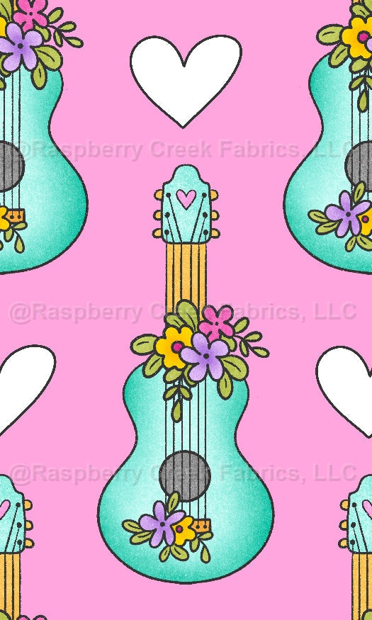 Groovy Guitars Pink Fabric, Raspberry Creek Fabrics, watermarked