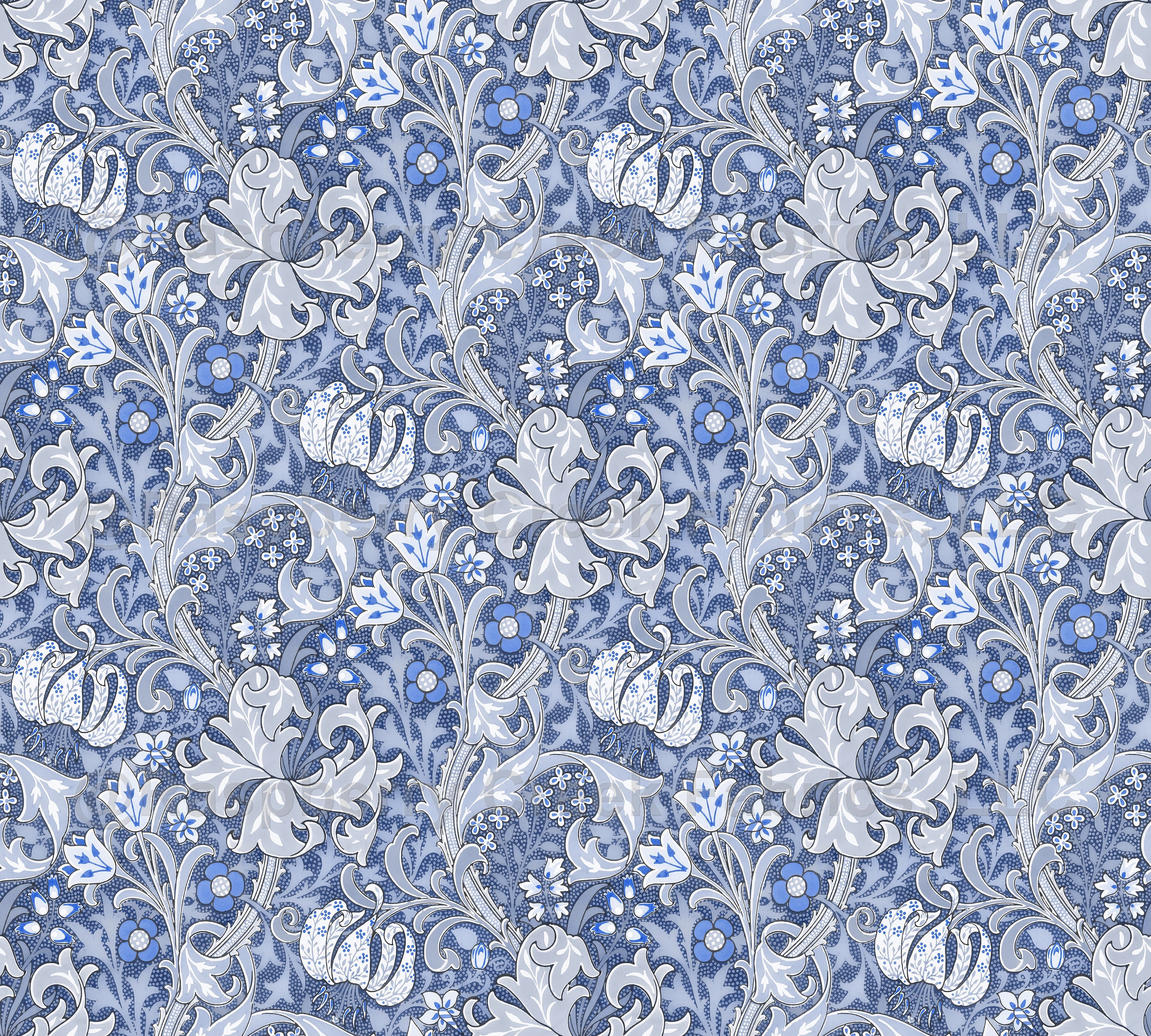 Golden Lily By William Morris - Blue Adaption Wallpaper, Raspberry Creek Fabrics, watermarked