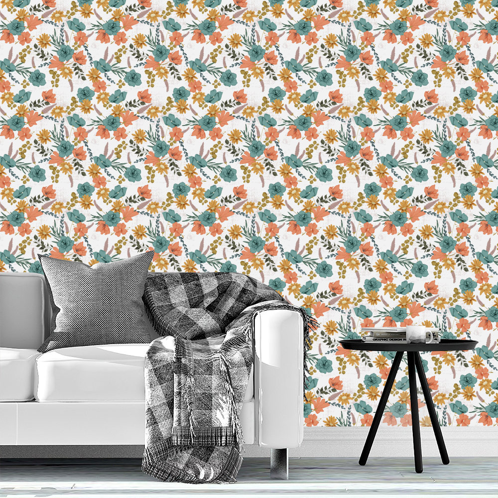 Spring Revival in Cotton, Spring Revival Collection, Florals, Textured background, Flowers, Wallpaper, Coral, Blue, Yellow, Green, Mauve