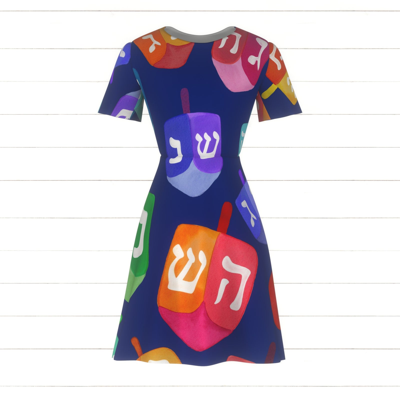 Watercolor Rainbow Hanukkah Dreidels Dark Blue , Raspberry Creek Fabrics, watermarked