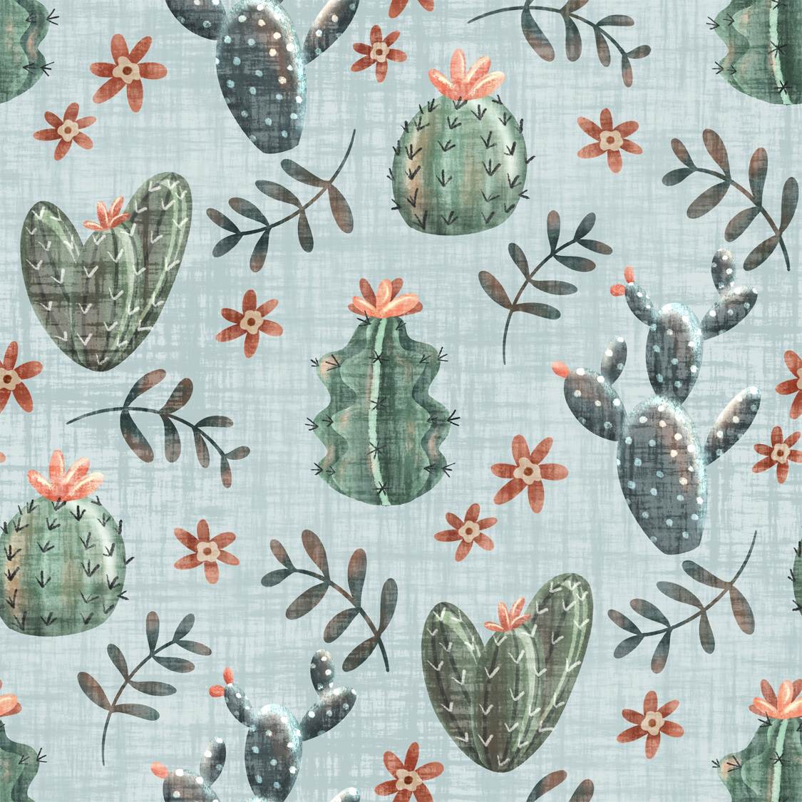 Tonal Light Teal Sage Coral and Rust Cactus Print Fabric, Winslow by Krystal Winn Designs