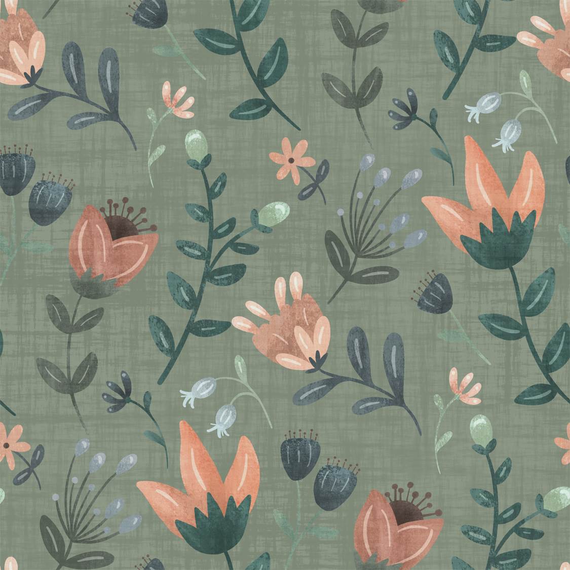 Deep Teal Sage Coral and Clay Floral Print Fabric, Winslow by Krystal Winn Designs