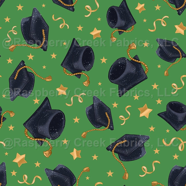 Graduation Caps Stars and Streamers on Green - Raspberry Creek Fabrics