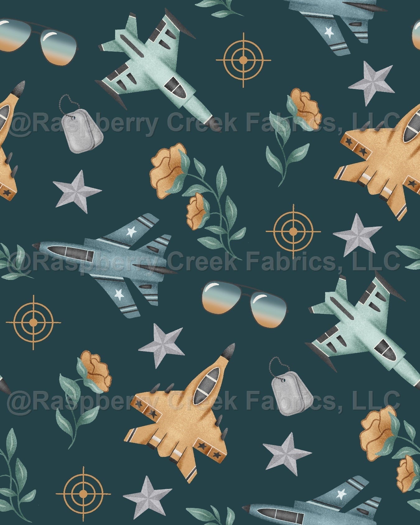 Wingman Flower Jets Navy Fabric, Raspberry Creek Fabrics, watermarked