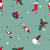 Decorative Christmas stockings, gifts, Santa Claus and pine boughs on emerald green background with orange and black dots and snowflakes Image