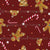 Christmas cookies, candy canes and gingerbread men on a maroon background with orange and green polka dots and snowflakes. Image