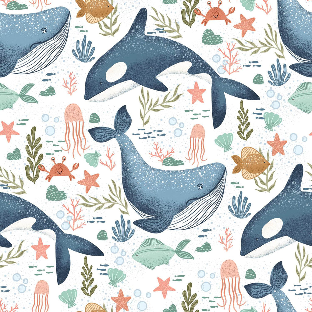 Teal Navy Light Mint Coral and Khaki Whale Ocean Fish Print Fabric ...