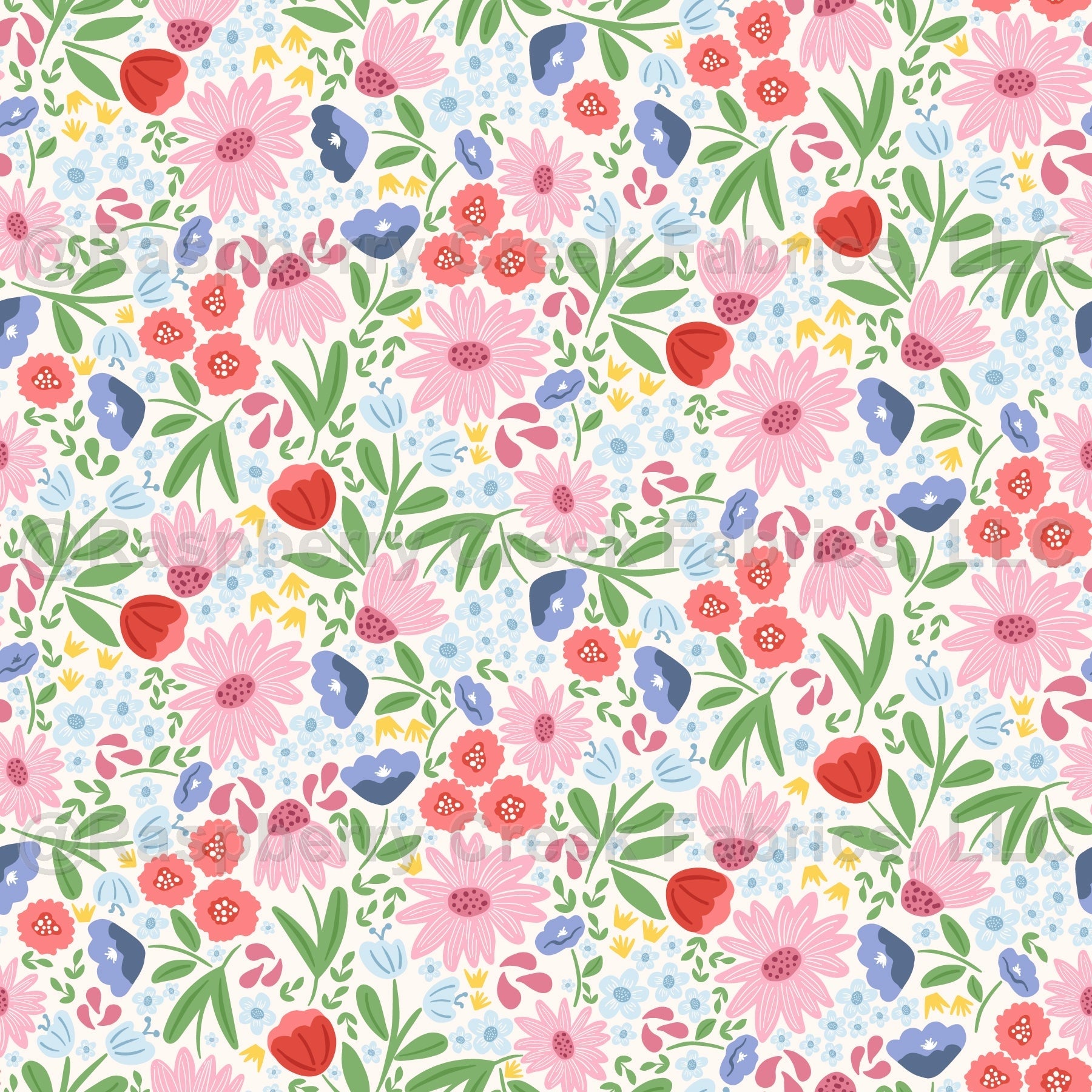 Pink, Blue and Green Floral on a White Background Fabric, Raspberry Creek Fabrics, watermarked