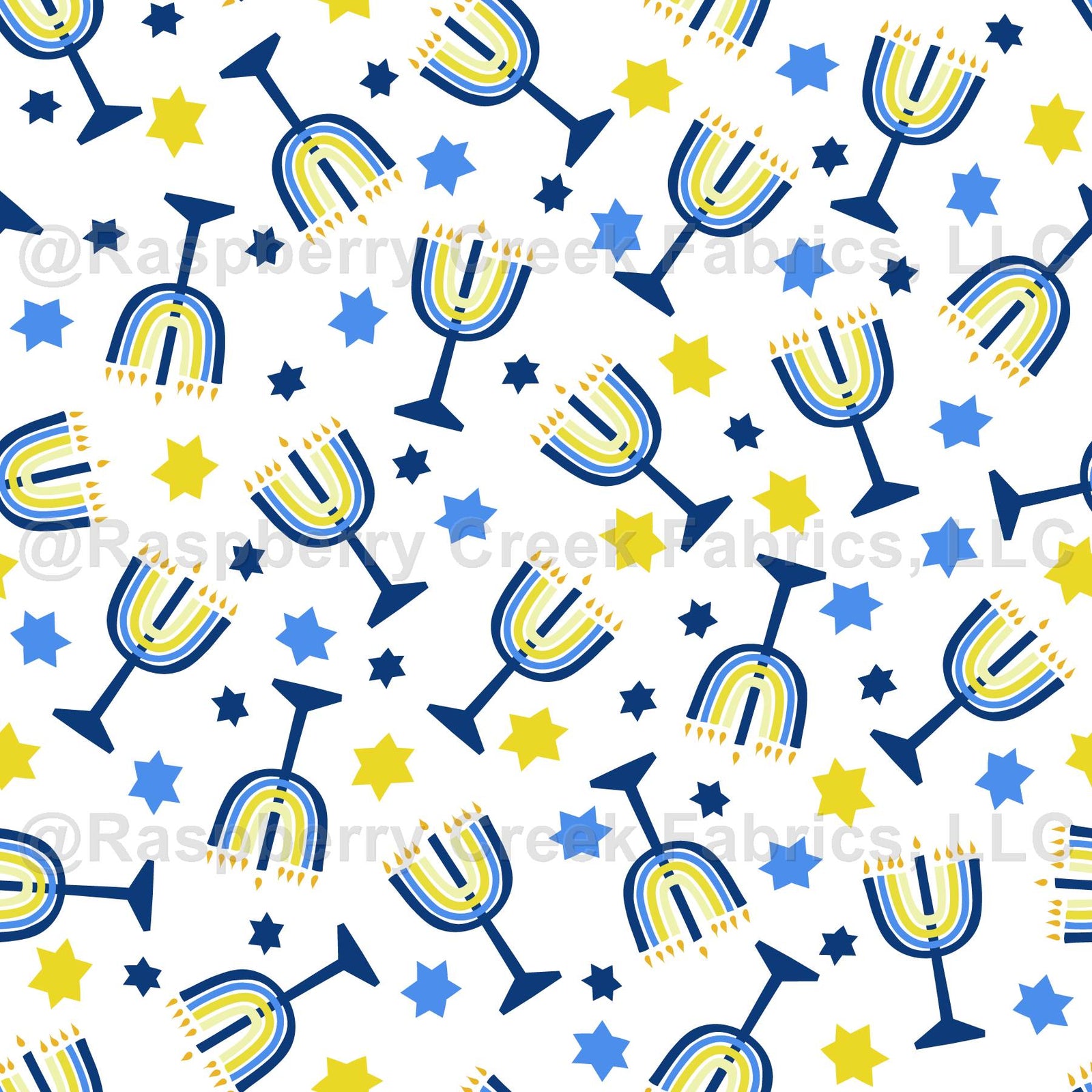 Hannukah Party Collection Colorful Menorah Toss with Stars on White Background Fabric