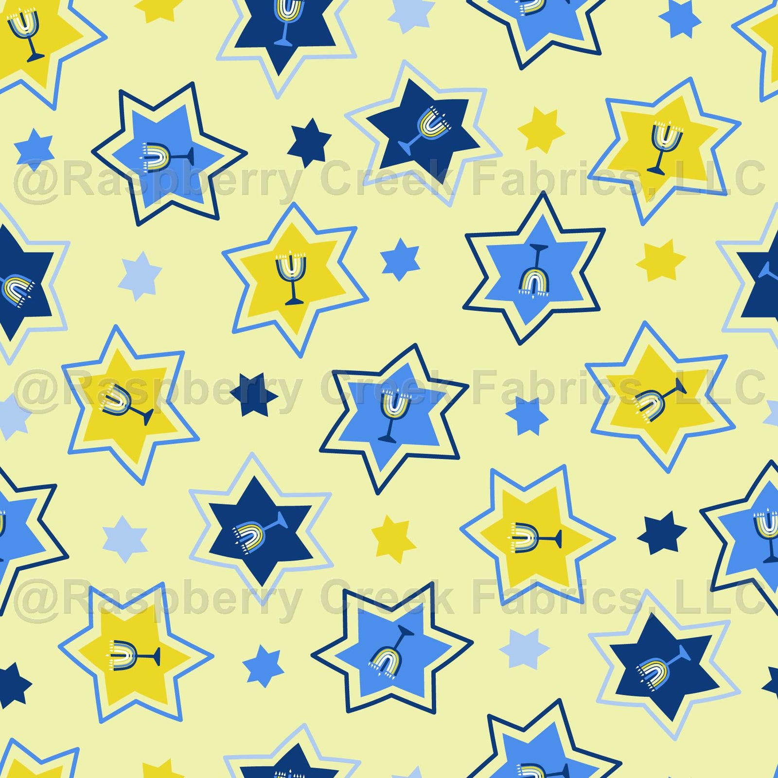 Hannukah Party Collection Star with Menorah on Yellow Background Fabric