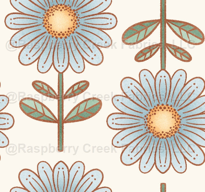 Cottontail Folk Flower Blue Fabric, Raspberry Creek Fabrics, watermarked