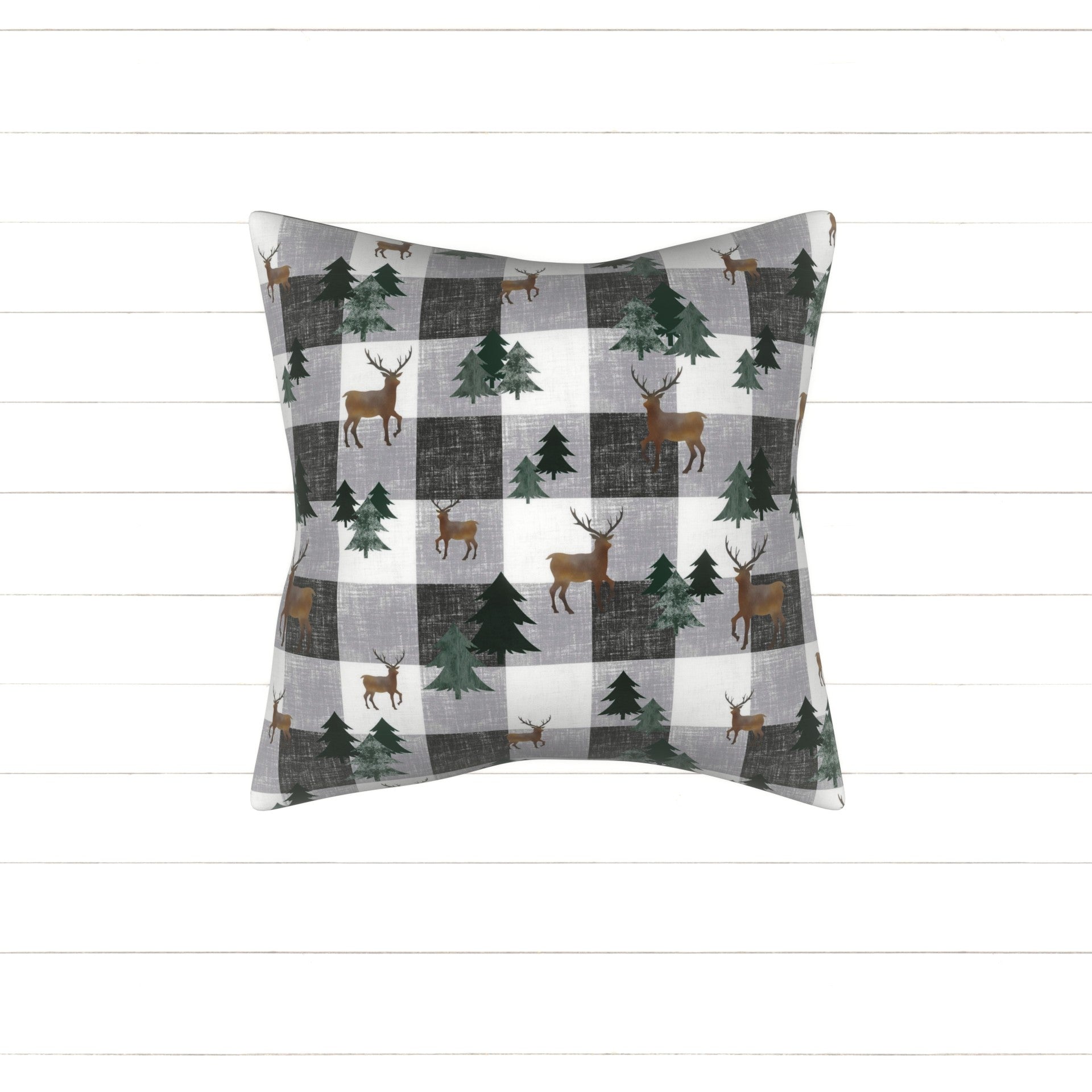 Hunter Green Black and Grey Pine Tree Reindeer Buffalo Plaid Print, Christmas Traditions By Kelsey Shaw Fabric, Raspberry Creek Fabrics