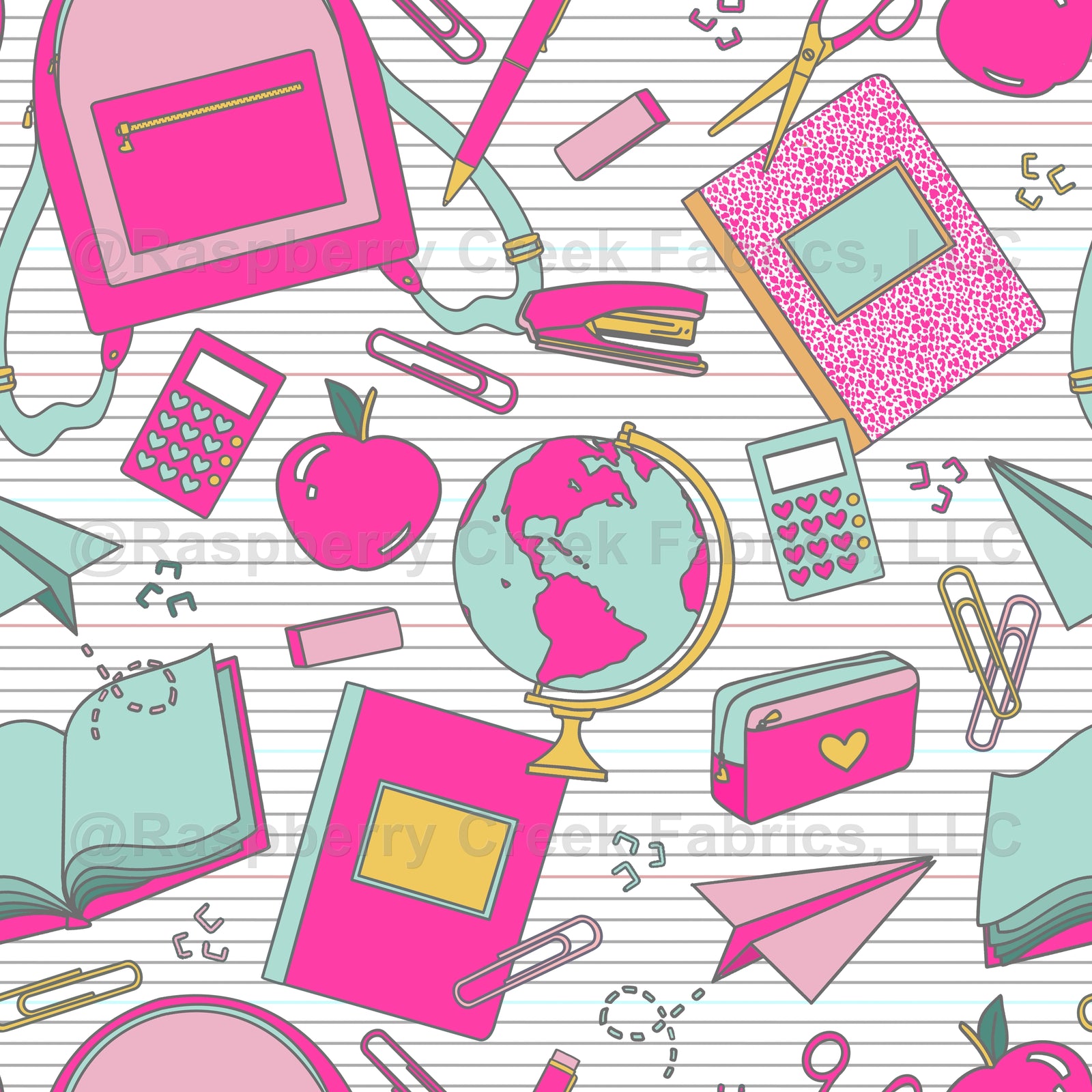 School Supplies Fabric, Raspberry Creek Fabrics, watermarked
