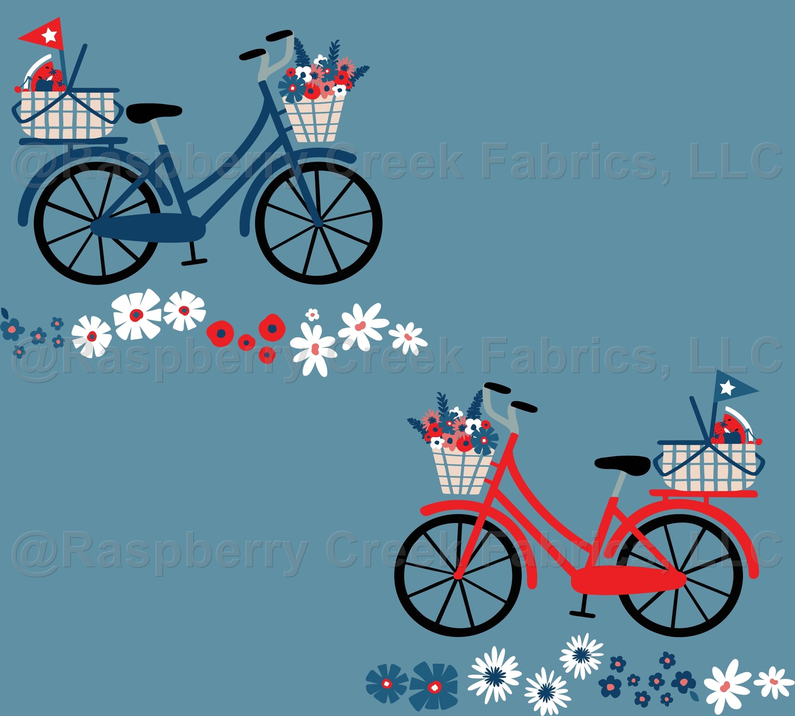 Summer Bike Brigade on Blueberry Fabric, Raspberry Creek Fabrics, watermarked