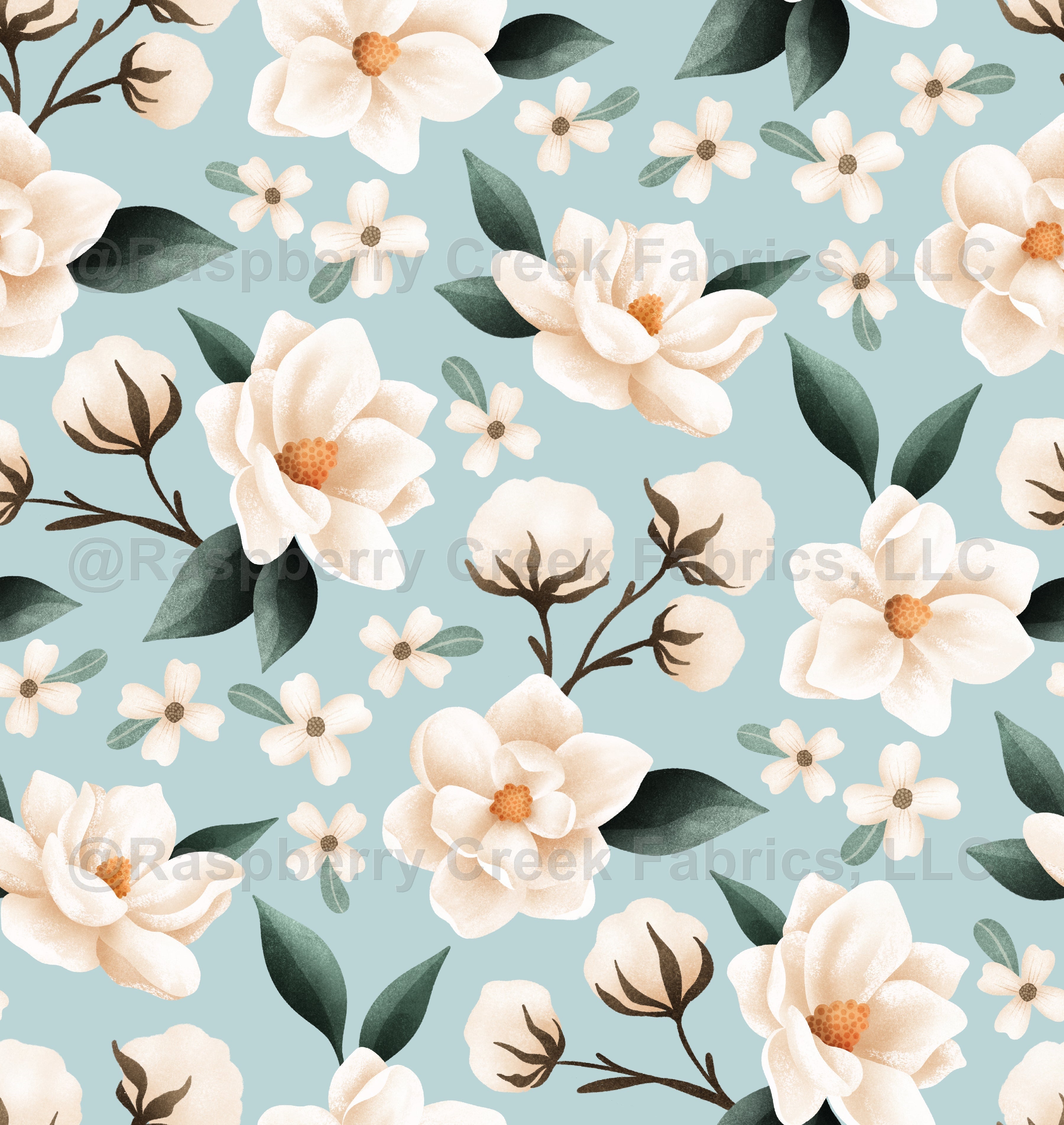 Down South Magnolia- Sky- Wallpaper Wallpaper, Raspberry Creek Fabrics, watermarked