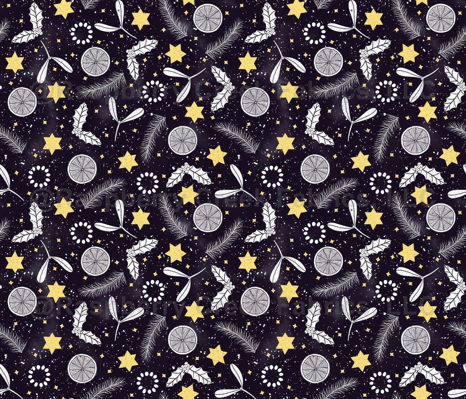 Festive Christmas print orange golden stars mistletoe holly and pine tree branch on dark blue by denesannadesign Wallpaper, Raspberry Creek Fabrics, watermarked