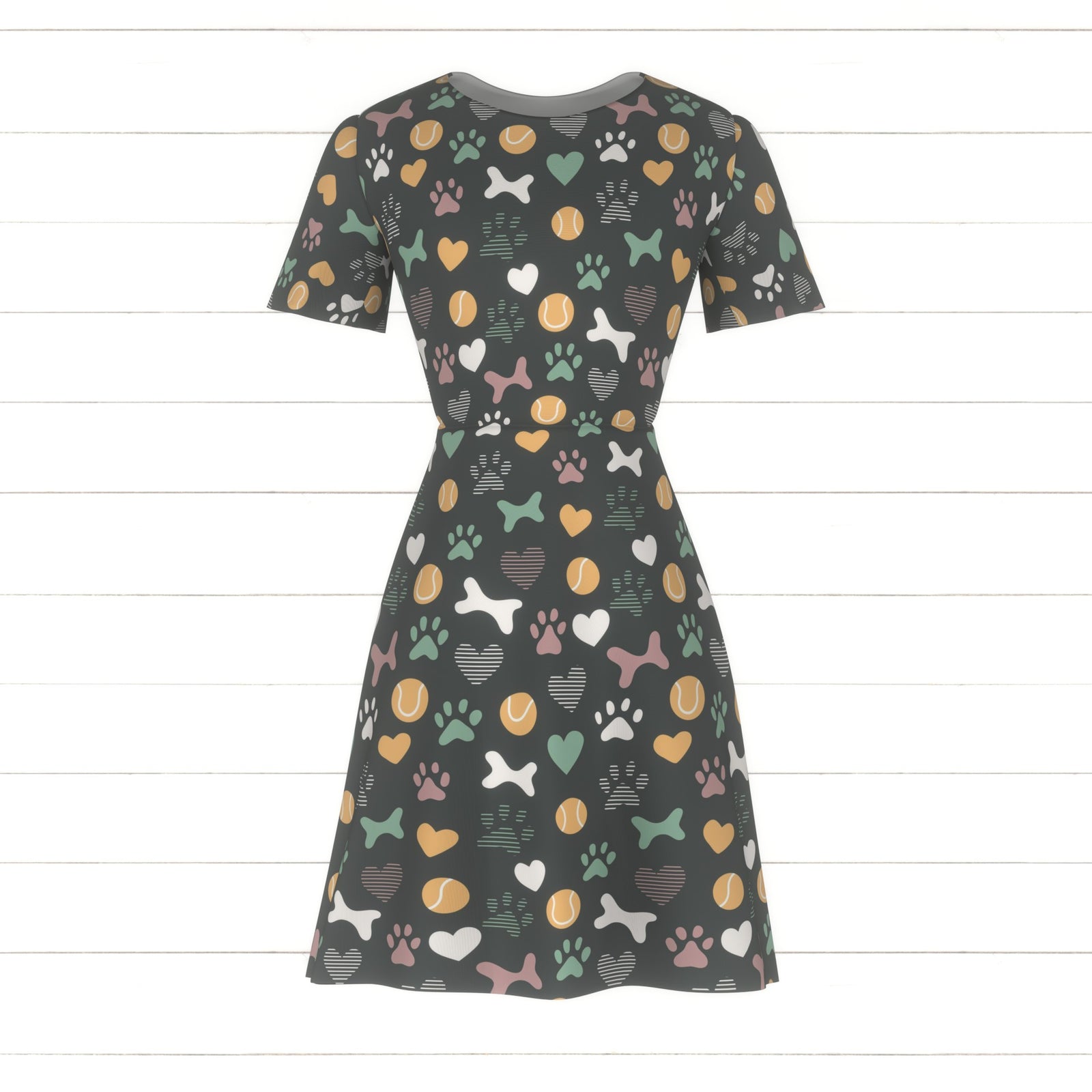 Puppy dog play bones balls paws on dark pastel background , Raspberry Creek Fabrics, watermarked