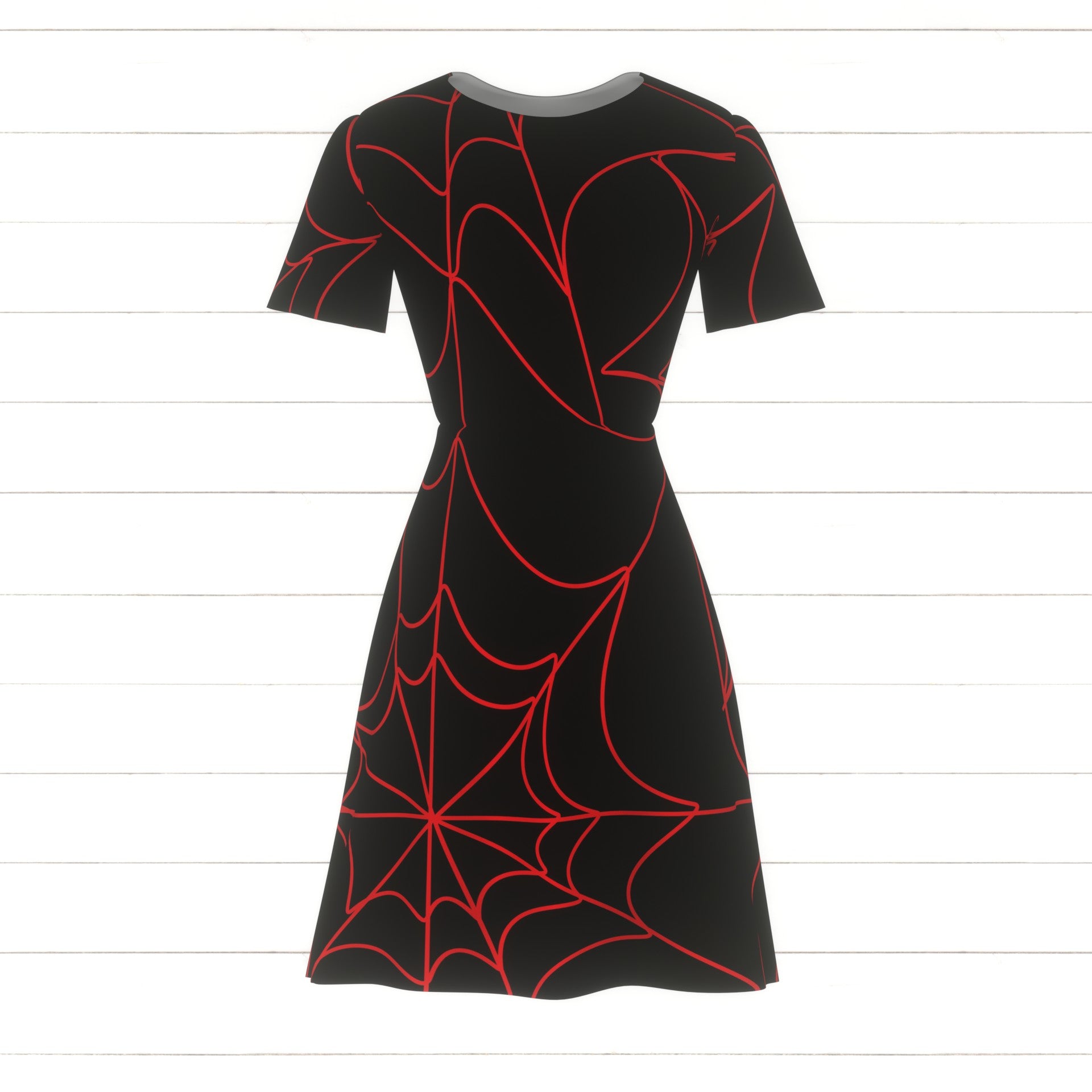 strapless open back dress Spider Web Red and Black Fabric, Raspberry Creek Fabrics