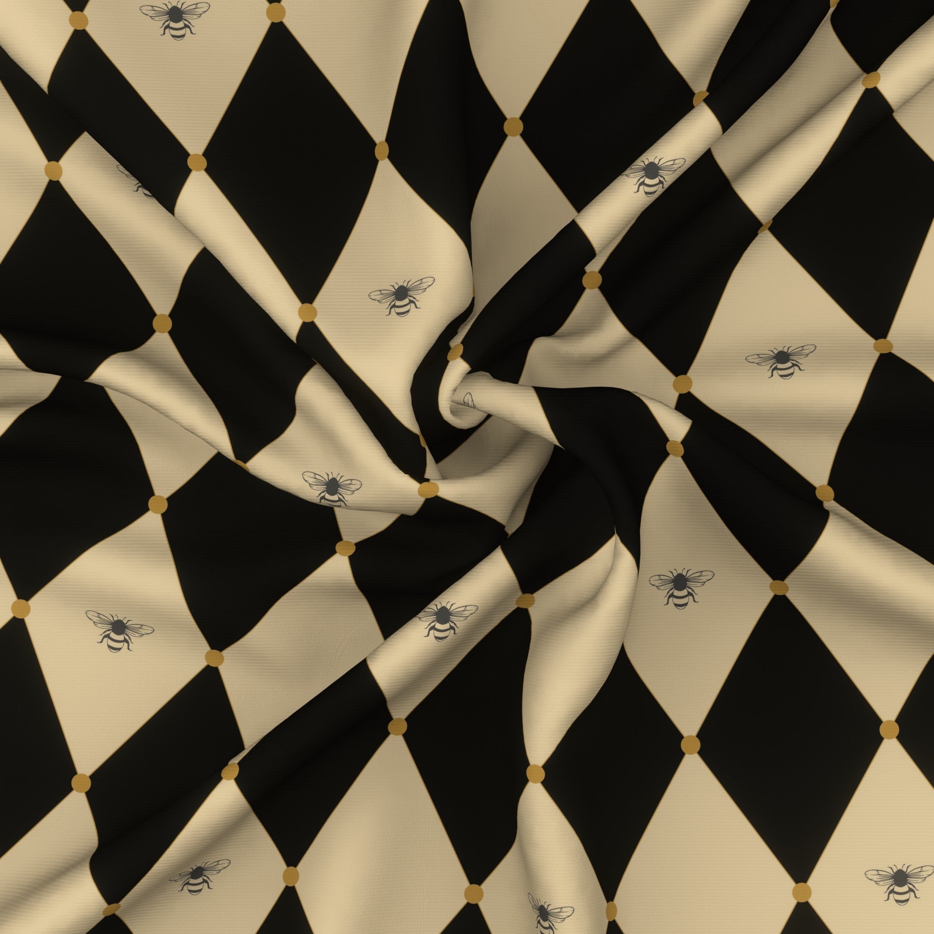 Gold and Black Harlequin pattern with Gray Bees, Honey Bees, black and gold,  grey, gray Fabric, Raspberry Creek Fabrics