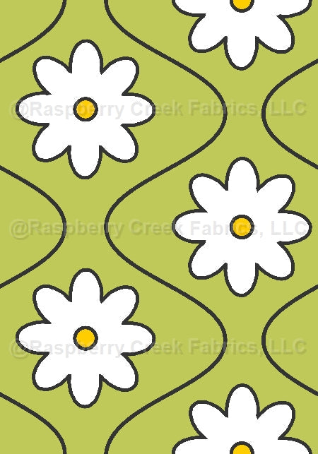 Groovy Wave Flower Lime Fabric, Raspberry Creek Fabrics, watermarked