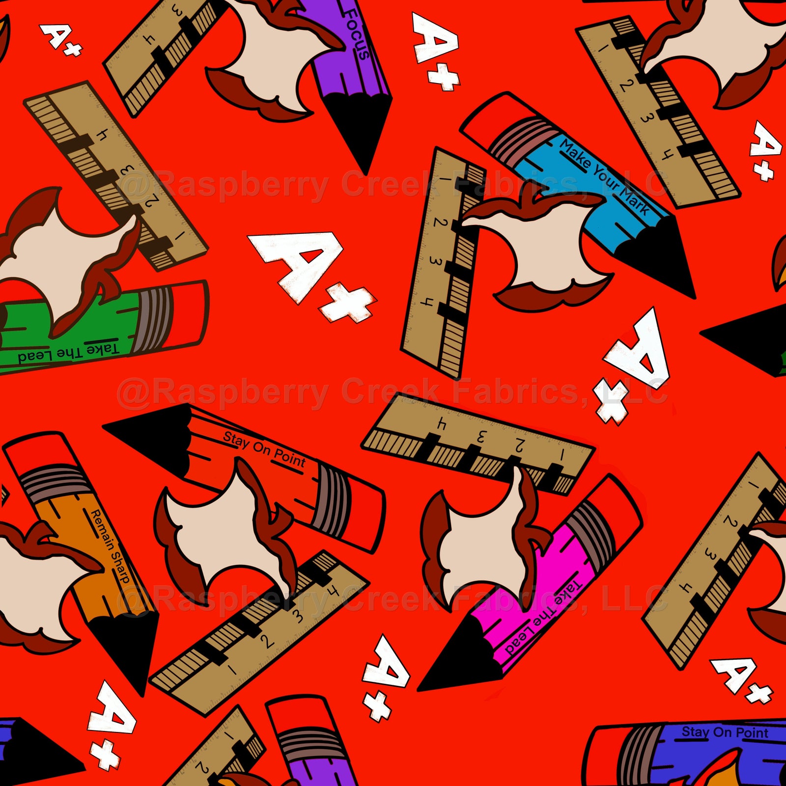 Back to School Supplies Fabric, Raspberry Creek Fabrics, watermarked