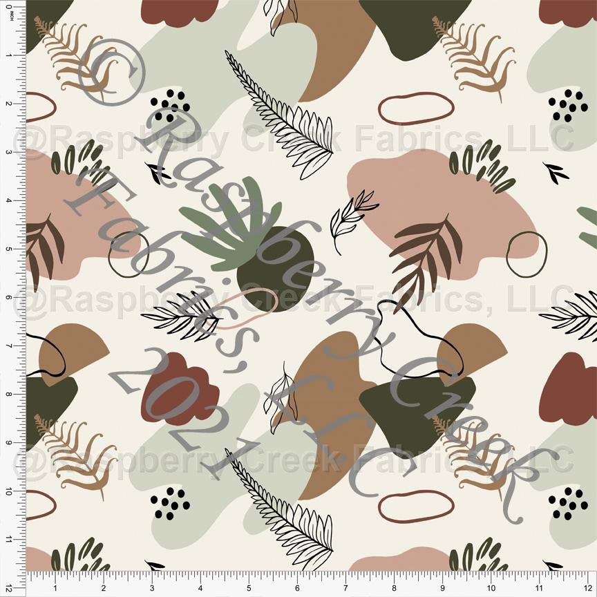 Taupe Sage Olive Deep Rust and Mauve Abstract Dot and Fern Print Stretch Crepe, CLUB Fabrics