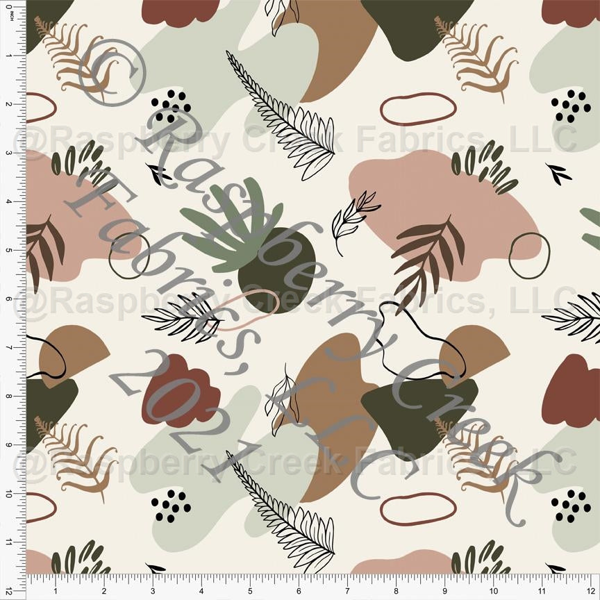 Taupe Sage Olive Deep Rust and Mauve Abstract Dot and Fern Print Stretch Crepe, CLUB Fabrics Fabric, Raspberry Creek Fabrics, watermarked