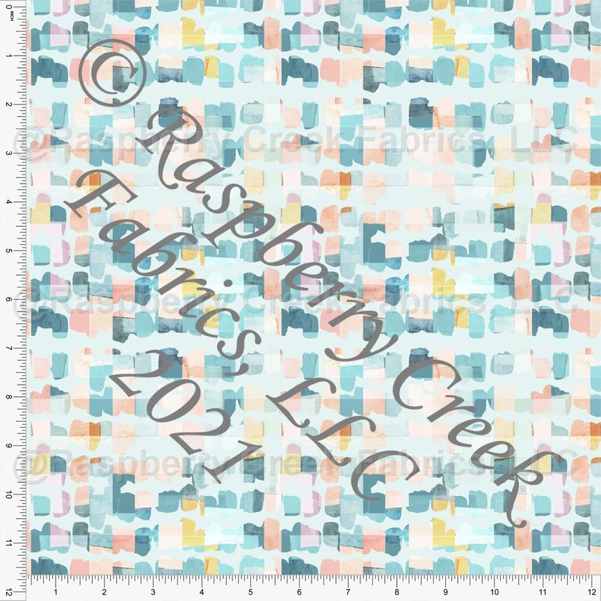 Tonal Teal Blue Coral and Yellow Abstract Square Print Stretch Crepe, CLUB Fabrics Fabric, Raspberry Creek Fabrics, watermarked