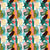 Tropical Collection:  Modern tropical leaves in orange, green and teal on aqua stripes and yellow polka dot squares on a white background. Image