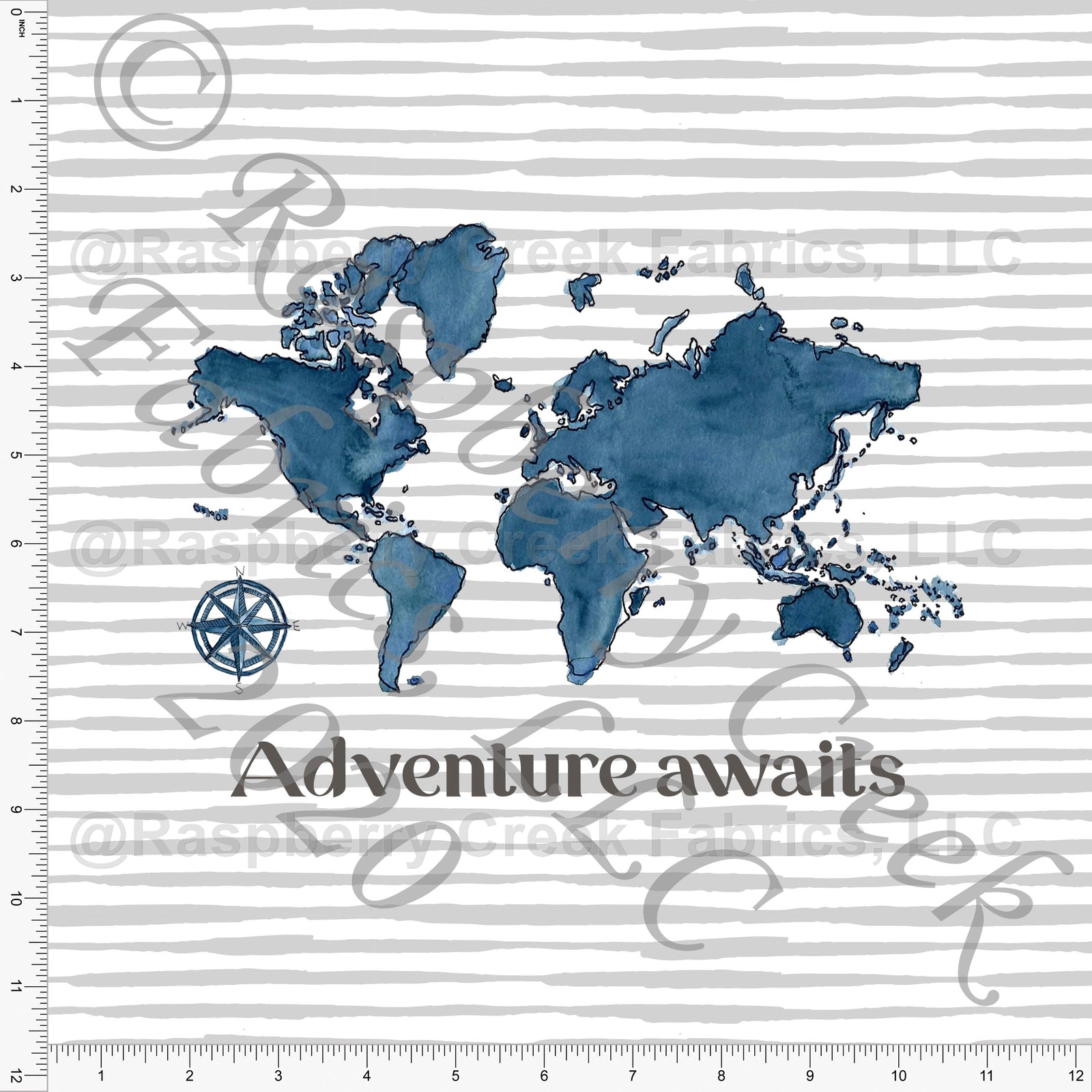 Tonal Indigo Teal Blue and Light Grey Watercolor World Map Adventure Awaits Panel on Grey Stripes, Travel by Brittney Laidlaw for Club Fabrics Fabric, Raspberry Creek Fabrics, watermarked