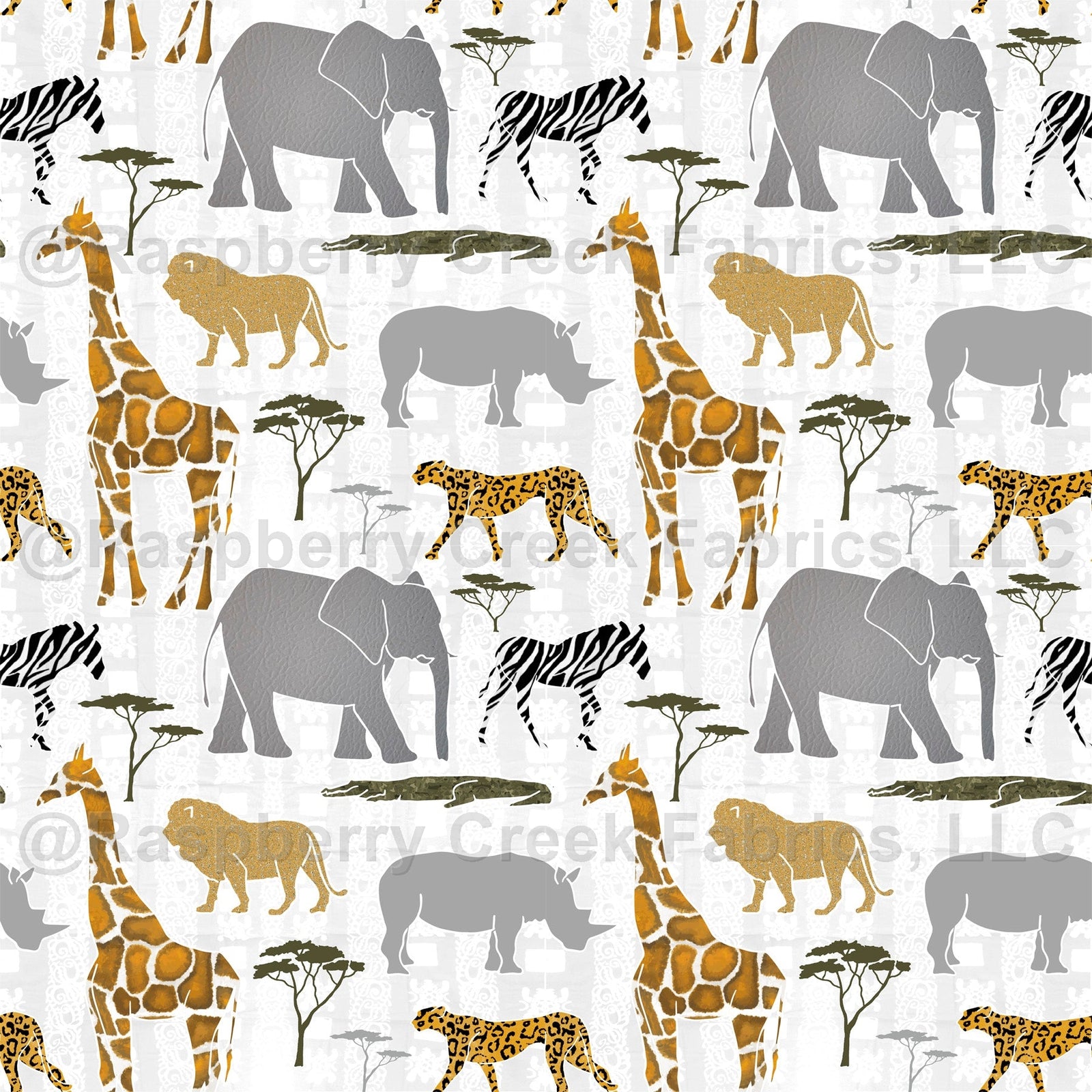 Mustard Grey Olive and Brown African Zoo Animals Print Fabric, Animals By Elise Peterson Fabric, Raspberry Creek Fabrics, watermarked