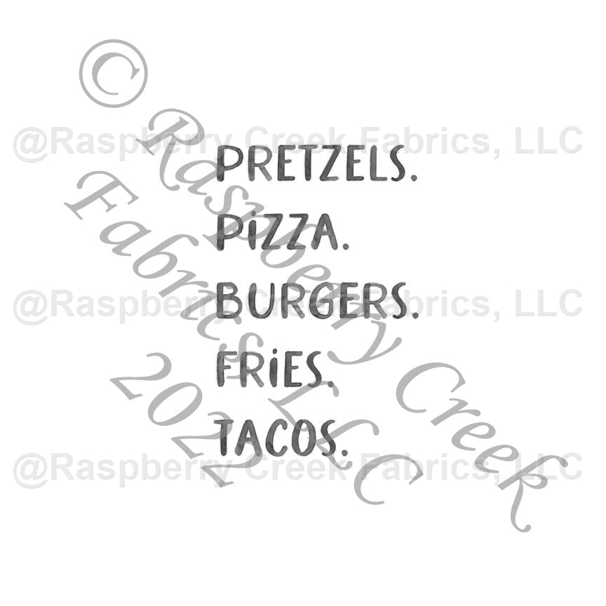 Tonal Charcoal Grey Pretzels Pizza Burgers Fries Tacos Panel, Yum by Brittney Laidlaw for CLUB Fabrics Fabric, Raspberry Creek Fabrics, watermarked