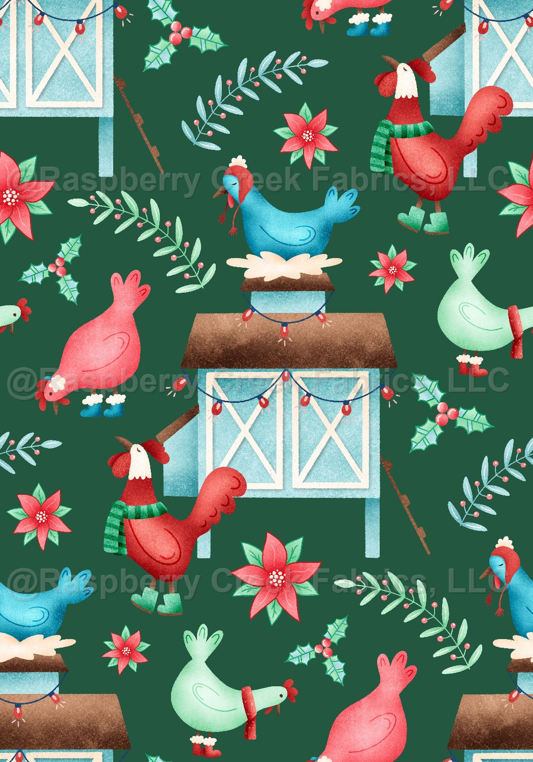All I Want For Christmas Chickens Green Fabric, Raspberry Creek Fabrics, watermarked
